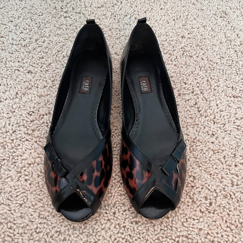 RAFE Peep Toe Patent Leather Leopard Print Flats Sz 7.5 EU 38 Bows Made in Italy